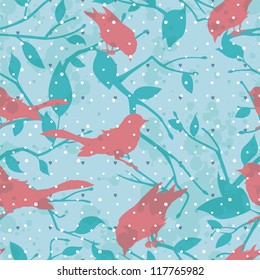 Seamless winter vector pattern with birds and tree branches