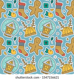 Seamless winter vector pattern. Christmas illustration with snow globe snowball, gingerbread man cookies, hat with deer horns and socks. Ornate season background.
