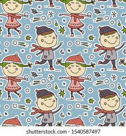 Seamless winter vector pattern in hand drawn doodle style. Christmas cute cartoon sticker illustration - girl and boy playing snow balls. Children season background.