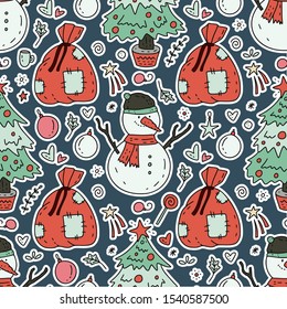 Seamless winter vector pattern in hand drawn doodle style. Christmas Santas big red bag with presents, cute cartoon snowman, fir tree and candy sweets.
