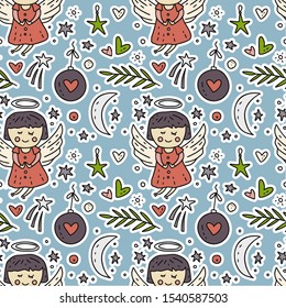 Seamless winter vector pattern in hand drawn doodle style. Cute cartoon angel girl with Christmas decorations, stars moon and hearts.