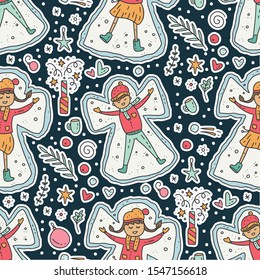 Seamless winter vector pattern in hand drawn doodle style. Christmas cute cartoon sticker illustration - girl and boy playing snow angels. Children season background.