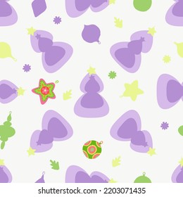 Seamless winter vector pattern with purple new year firtrees and yellow stars and ornament balls on white background for wrapping  or gift paper and kids textile.