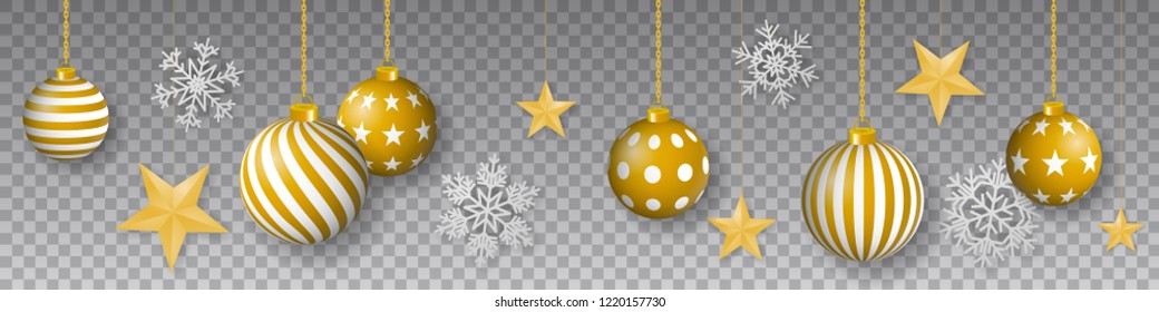 Seamless winter vector with sumptuous hanging gold colored decorated christmas ornaments, golden stars and silver snowflakes on gray background.