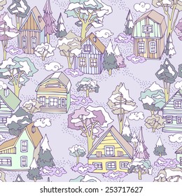 Seamless winter village pattern. Can be used for wallpaper, pattern fills, web page background, surface textures. Small colorful houses on a snowy background with firs and pines. Purple background.