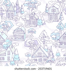 Seamless winter village pattern. Can be used for wallpaper, web page background, surface textures. Small white houses in the snow with high firs and pines. White background, turquoise accents.