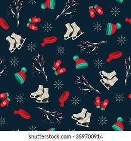 Seamless winter wallpaper with skates, hat, scarf, mittens and berry branch. Outdoor recreation during holidays.