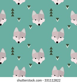 Seamless winter wolf  forest pattern. Animal illustration with trees on blue background in vector