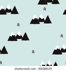 Seamless winter wonderland geometric black and white mountain theme illustration triangle abstract landscape background pattern in vector