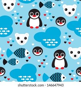 Seamless winter wonderland penguin fish and polar bear illustration background pattern in vector