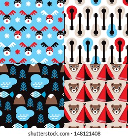 Seamless winter wonderland survival camp moose and grizzly bear illustration background pattern set in vector 