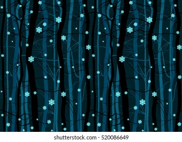 Seamless winter wood forest branches night pattern - christmas trees eve. Sparkly snowflakes dark blue cold. Vector illustration