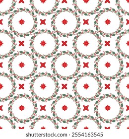Seamless wintry vector pattern with Christmas flowers,, holly leaves and little snowflakes.