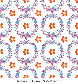 Seamless wintry vector pattern with Christmas flowers,, holly leaves and little snowflakes.