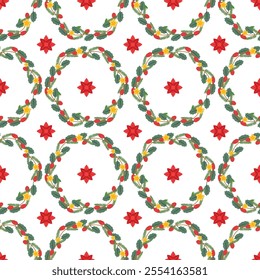 Seamless wintry vector pattern with Christmas flowers,, holly leaves and little snowflakes.