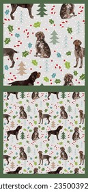 Seamless Wirehaired Pointing Griffon dogs Christmas pattern. Winter wrapping paper, Square format design. Fur trees, Holly plant, red berries, snow, dogs, green leaves. Cartoon playful style.
