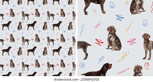 Seamless Wirehaired Pointing Griffon dogs pastel pattern with swirls, butterflies, swirls. holiday texture. Square format, t-shirt, poster, packaging, textile, textile, fabric, decoration, wrapping.