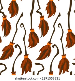 Seamless witch background with brooms. Flying broom for witches in the school of magic on a white background an orange flying broom, a wooden stick Minimalistic Halloween pattern on white background