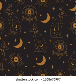 Seamless Witch, Cat and Crystal Ball Pattern Illustration in Vector.
