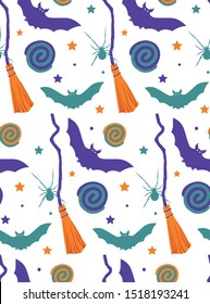 Seamless witch Halloween pattern with bats 