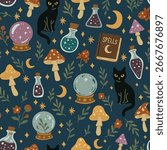 Seamless witchcraft pattern with black cats, spell books, mushrooms, potions, crystals, and mystical elements. Perfect for Halloween, fabric, wallpaper, and spooky designs.