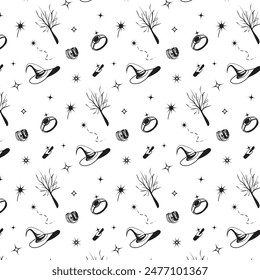 Seamless WitchCraft Pattern. Line Art with Broomstick, Potion, and Magic Hat. Minimalist Design.