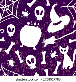 Seamless Witchs Hat, Skull, Bones, Cats, Spider, Web  Pattern, Halloween Holiday Pattern.