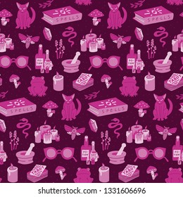 Seamless witchy pattern. Hand-drawn cartoon mystic, symbolic objects and animals. Modern witchcraft concept. Dark pink color. Background for website or blog, decorative paper for wiccan witch.