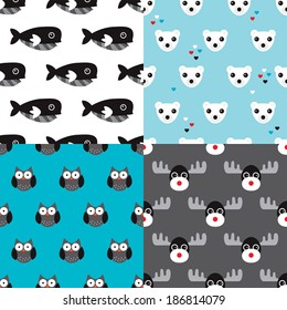 Seamless wold scandinavian winter animals polar bear moose owl and whale illustration background pattern in vector