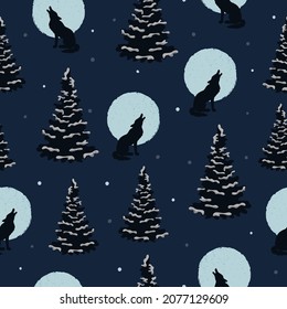 Seamless wolf and moon pattern. Halloween night forest vector illustration