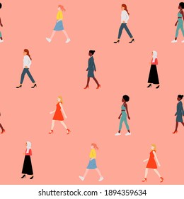 Seamless woman walking together pattern. International women's day background. Flat vector design.