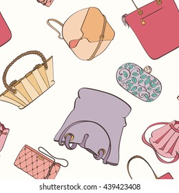 Seamless women bag pattern can be used for wallpaper, website background, wrapping paper. Fashion women bag vector bright pattern. Bag design. Fashion concept.