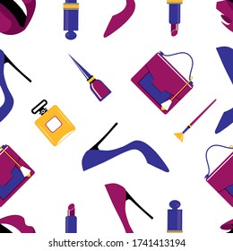 Seamless women bag pattern. Women cosmetic vector  pattern. Fashion concept.