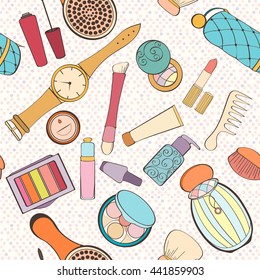 Seamless women bag stuff pattern can be used for wallpaper, website background, wrapping paper. Women cosmetic vector bright pattern. Cosmetic design. Fashion concept.