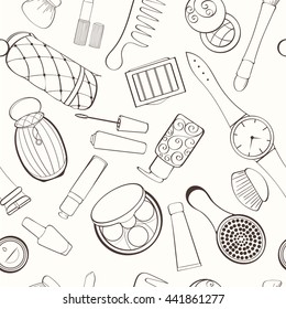 Seamless women bag stuff pattern can be used for wallpaper, website background, wrapping paper. Women cosmetic vector bright pattern. Cosmetic design. Fashion concept.