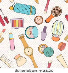 Seamless women bag stuff pattern can be used for wallpaper, website background, wrapping paper. Women cosmetic vector bright pattern. Cosmetic design. Fashion concept.