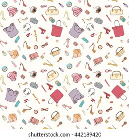Seamless women bag stuff pattern can be used for wallpaper, website background, wrapping paper. Women cosmetic vector bright pattern. Bag design. Fashion concept.