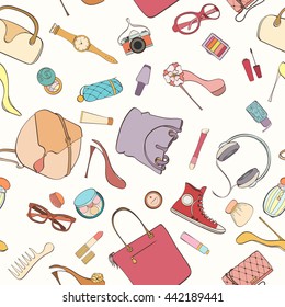 Seamless women bag stuff pattern can be used for wallpaper, website background, wrapping paper. Women cosmetic vector bright pattern. Bag design. Fashion concept.