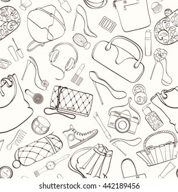 Seamless women bag stuff pattern can be used for wallpaper, website background, wrapping paper. Women cosmetic vector bright pattern. Bag design. Fashion concept.