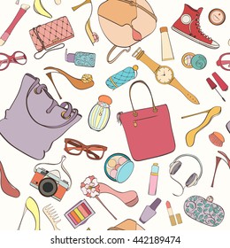Seamless women bag stuff pattern can be used for wallpaper, website background, wrapping paper. Women cosmetic vector bright pattern. Bag design. Fashion concept.