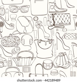 Seamless women bag stuff pattern can be used for wallpaper, website background, wrapping paper. Women cosmetic vector bright pattern. Bag design. Fashion concept.