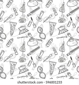 Seamless women decorative cosmetics, make-up elements, vector background. Cartoon sketch doodle style pattern. 