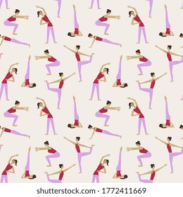 Seamless women doing exercises vector pattern