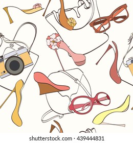 Seamless women fashion pattern can be used for wallpaper, website background, wrapping paper. Fashion women bag and shoes vector bright pattern. Bag and high heels design. Fashion concept.