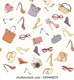 Seamless women fashion pattern can be used for wallpaper, website background, wrapping paper. Fashion women bag and shoes vector bright pattern. Bag and high heels design. Fashion concept.
