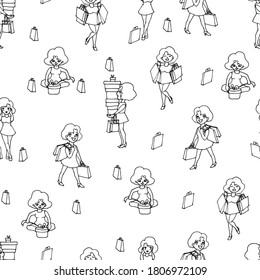 seamless of women s elements. seamless girl background with shopping in linear style hand drawn