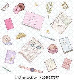 Seamless women's pattern. Hand drawn illustration in pastel colors work notes, background studying, creative lifestyle