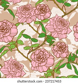 Seamless wonderful roses on branches with leaves