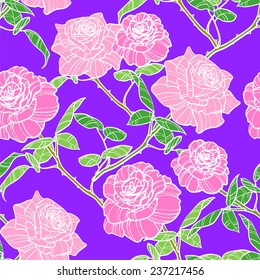 Seamless wonderful roses on branches with leaves