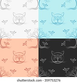 Seamless Wood cat pattern with tree, bird and  cat muzzle composed of tree and bird elements, four various color version, vector EPS8.